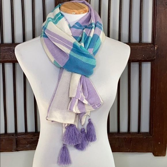 TALBOTS‎ LAVENDER/TURQUOISE 💯 WOOL SCARF W POMPOMS - Picture 1 of 4